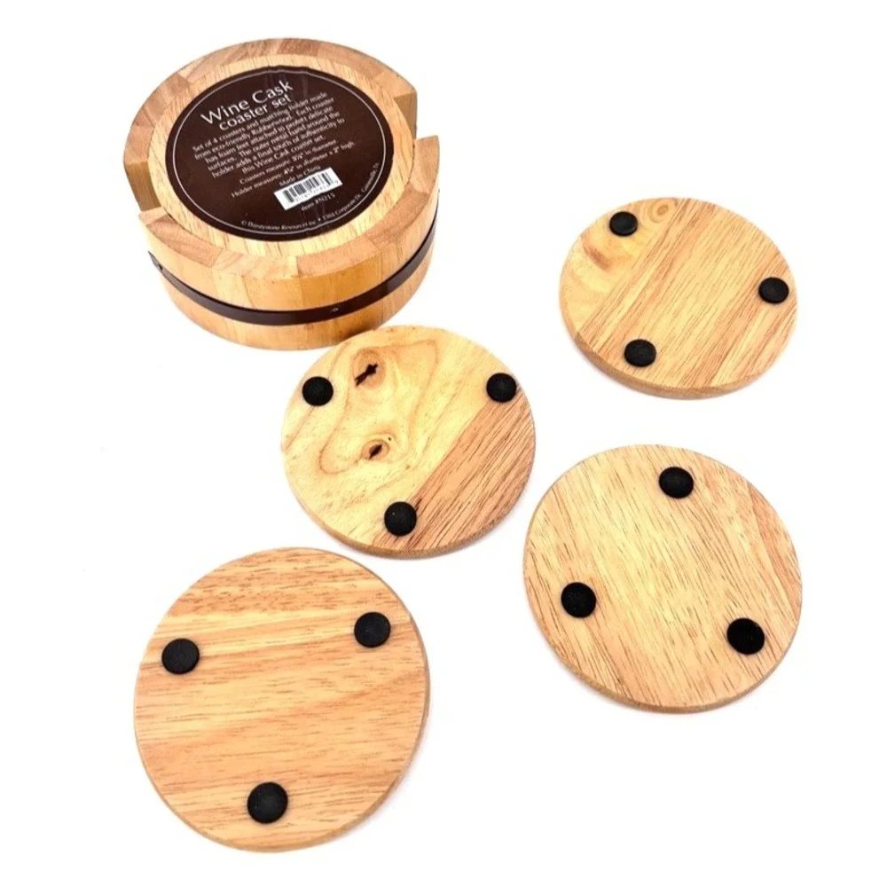 Wine Cask Wooden Coaster Set of 4 Cabernet Sauvignon w Barrel Holder